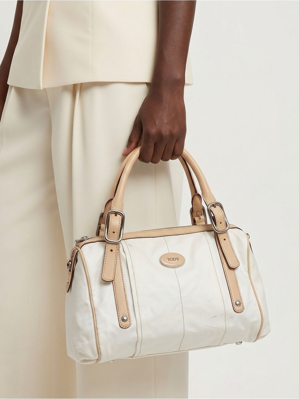TOD'S Coated Canvas Satchel Bag with Beige Leather Trim
